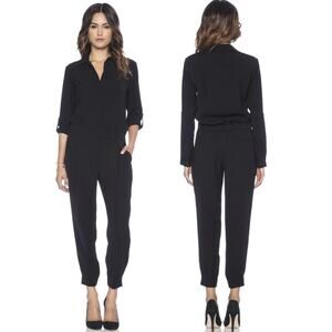 VINCE Button Front Jumpsuit Boilersuit Relaxed Roll Tab Sleeve Chic Trendy Black